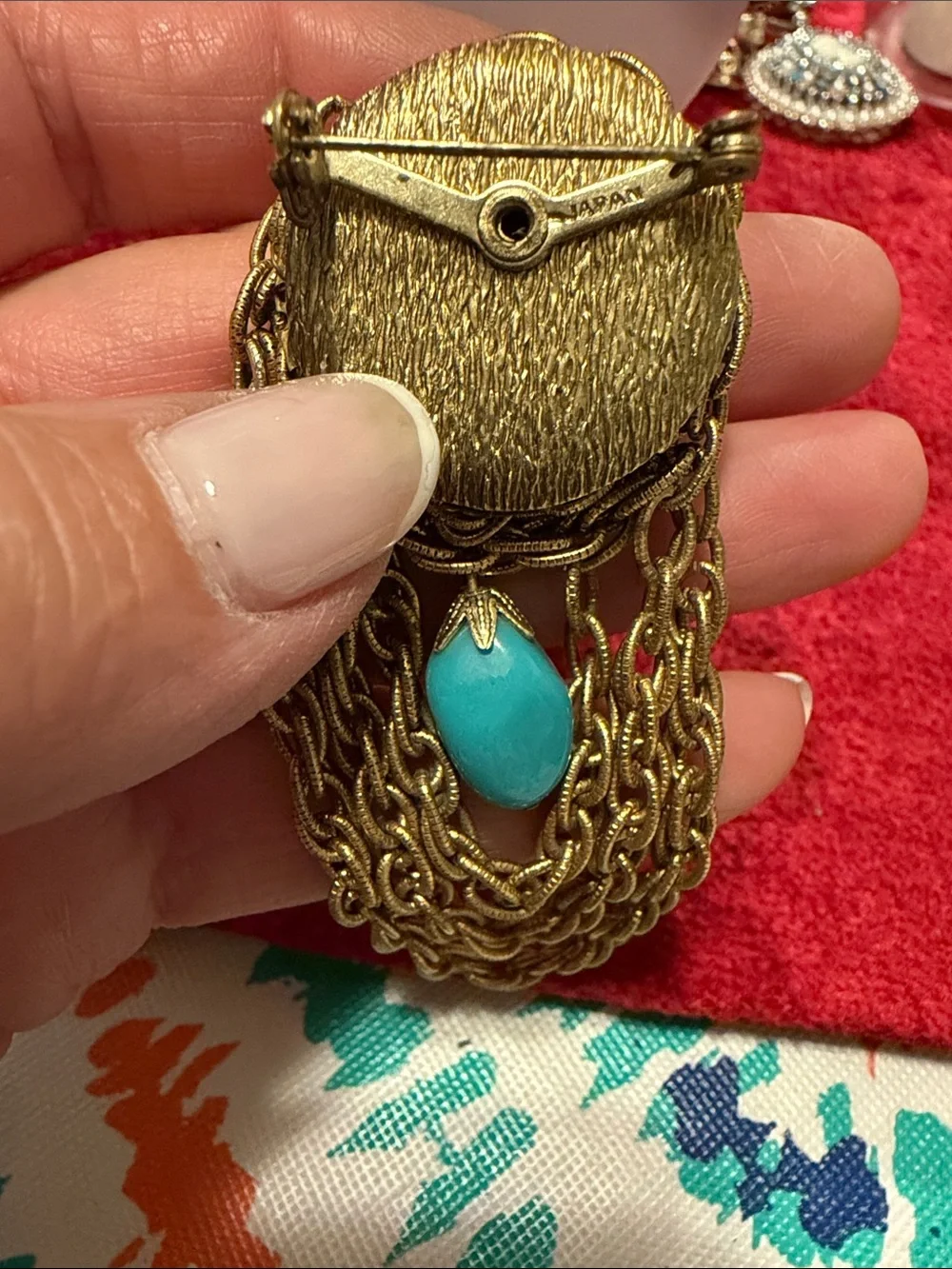 Vintage Gold Chain and Turquoise Glass Stone brooch with Matching clip  Earrings